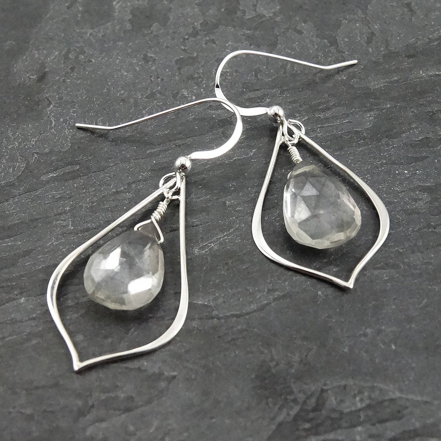 Light Grey Quartz Sterling Silver Teardrop Dangly Earrings