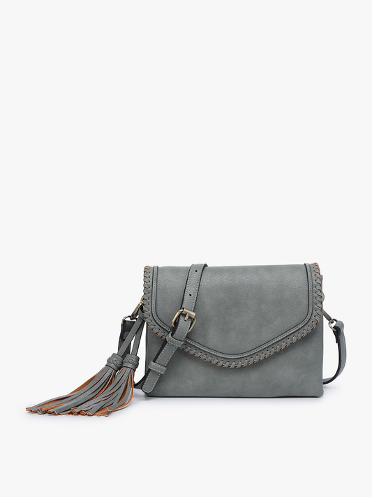 Jen & Co. - M1802A Sloane Flapover Crossbody w/ Whipstitch and Tassel - Earth Gray