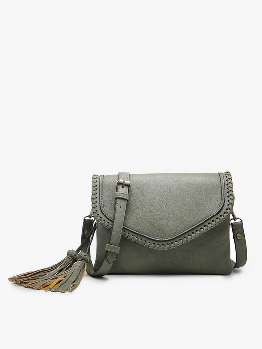 Jen & Co. - M1802A Sloane Flapover Crossbody w/ Whipstitch and Tassel - Olive