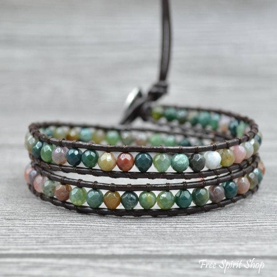 Handmade Indian Agate Leather Wrap Bracelet