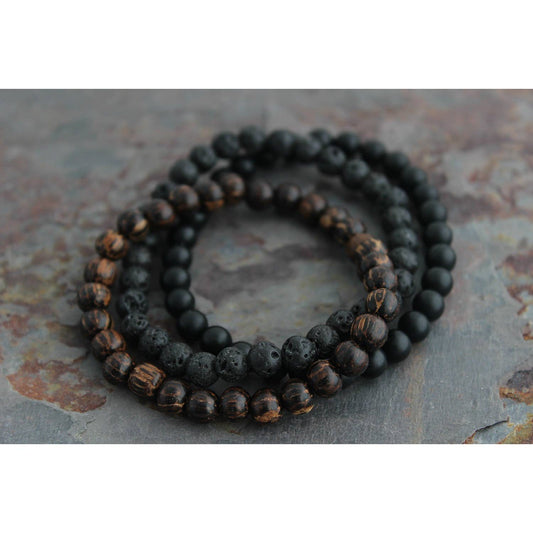 3 pc Mens Bracelet Set - Palm Wood, Onyx & Lava Stone