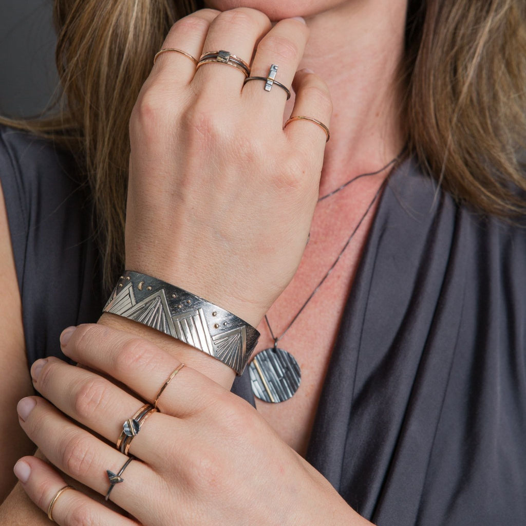 Mountain Cuff Bracelet with Night Sky, Gold Moon and Stars