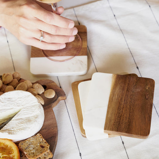 Marble & Acacia Coaster Set