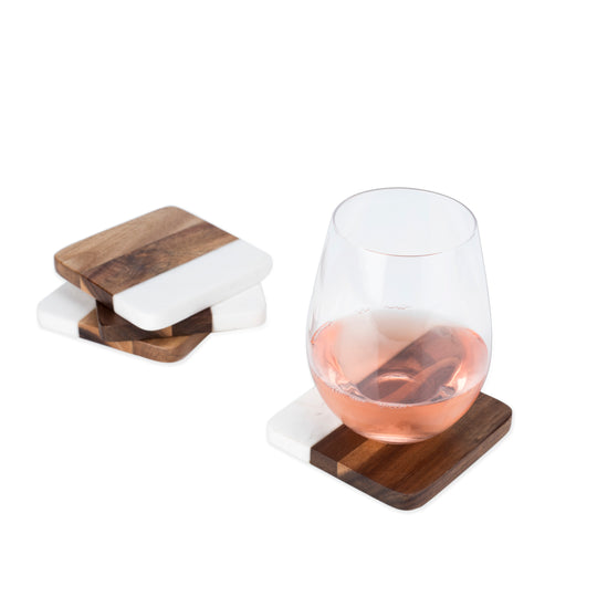 Marble & Acacia Coaster Set